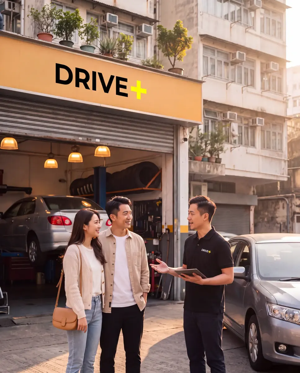 DRIVE+ 客戶與服務顧問在認證車房前